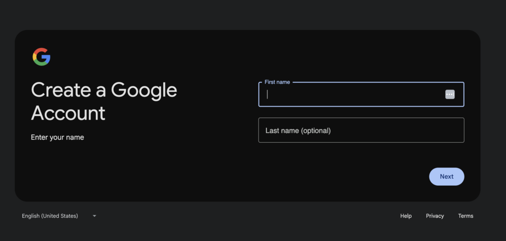 Create a Google Account page with first and last name form fields. 